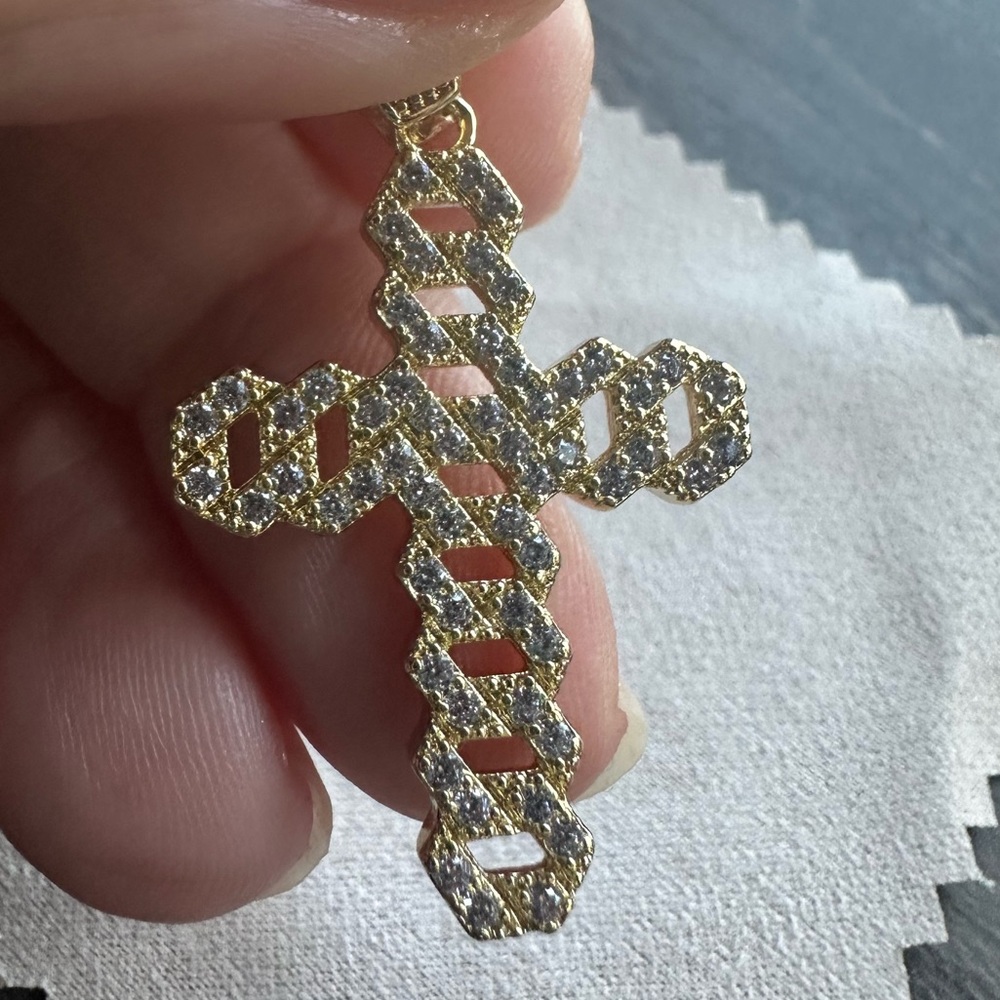 Gold Tone Cuban Link and CZ Cross